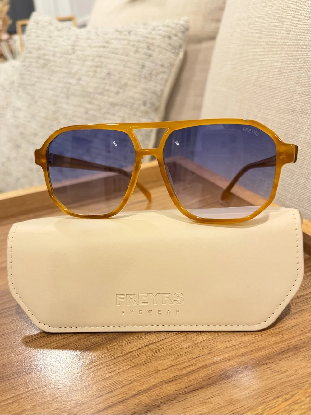 Freyrs Billie Amber Frame Sunglasses with Blue Gradient Lenses + Case
